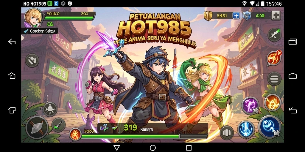 Tampilan gameplay seru dari HOT985 yang menunjukkan aksi karakter anime.