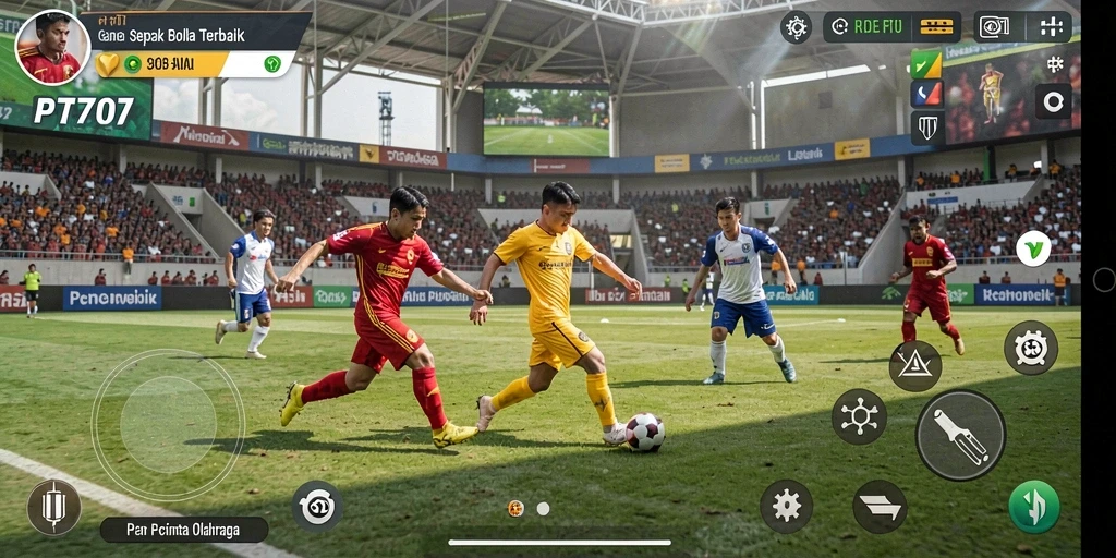 Tampilan gameplay PT707 dengan aksi sepak bola yang mendebarkan.